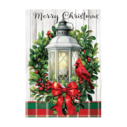 Christmas-themed decorative panel with lantern, wreath, cardinal, and plaid border on a barn wood background. Merry Christmas is written across the top