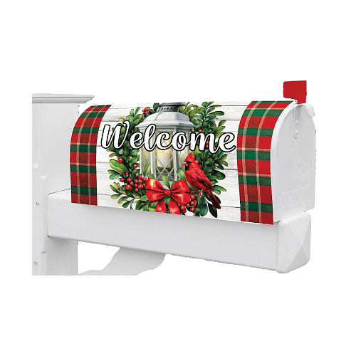 Christmas-themed mailbox cover with plaid pattern and barn wood background, wreath, cardinal, and lantern design.