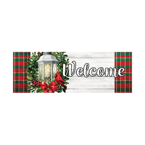 Christmas-themed welcome sign with lantern, wreath, and cardinal on a barn wood background with plaid edges