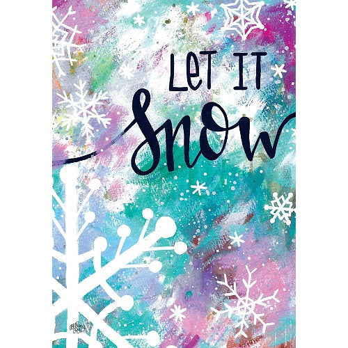 Colorful winter-themed flag with 'Let It Snow' text and snowflakes on a multi-color background