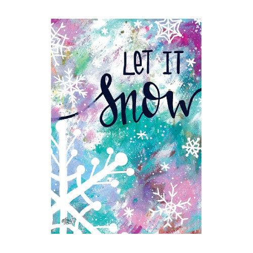Colorful winter-themed flag with 'Let It Snow' text and snowflakes on a multi-color background