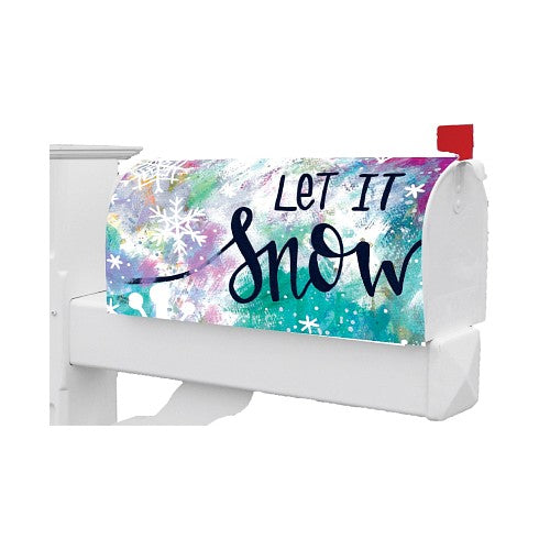 Mailbox cover with 'Let It Snow' design on a snowy, colorful watercolor background