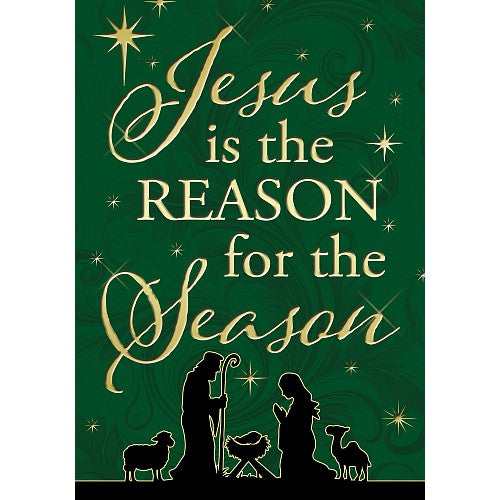 Decorative, Christmas house flag with 'Jesus is the Reason for the Season' text and nativity scene silhouette on a green background.