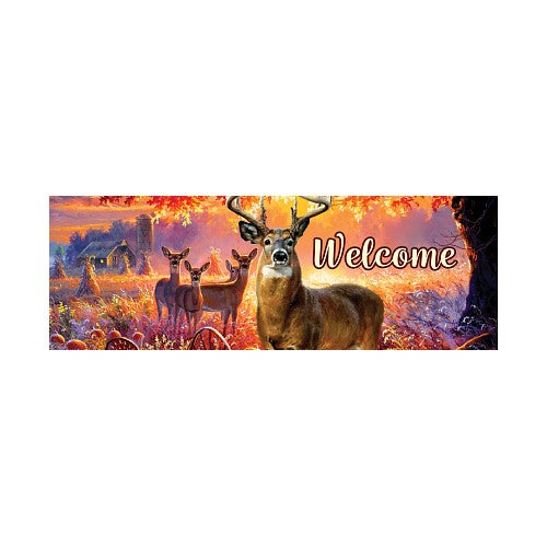 Deer family with 'Welcome' text in a scenic setting