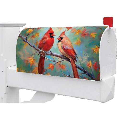 Large mailbox cover featuring two red cardinals on a branch with autumn leaves.