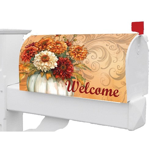 Fall floral mailbox cover featuring pumpkins and flowers with the word 'Welcome'.