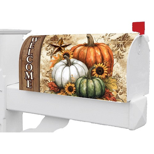 Large mailbox cover featuring pumpkins, a barn star and sunflowers, with a 'Welcome' message.