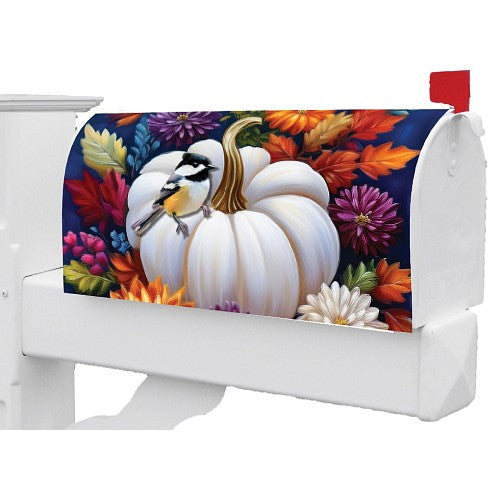 Large mailbox cover with a colorful design featuring a white pumpkin, bird, and colorful autumn flowers.