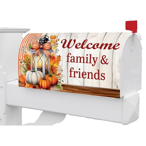 Decorative large mailbox cover with autumn theme and 'Welcome family & friends' text