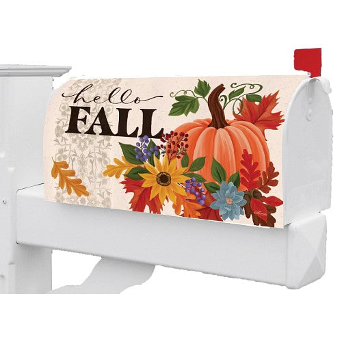 Decorative mailbox cover with 'Hello Fall' text and autumnal elements on a white background
