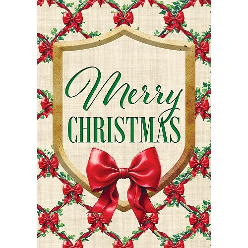 Decorative Christmas sign with 'Merry Christmas' text and red bows on a beige background.