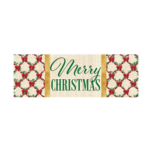 Decorative yard sign with 'Merry Christmas' text and holly berry pattern on a beige background