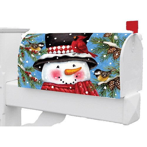 Christmas-themed mailbox cover with a playful snowman surrounded by birds.