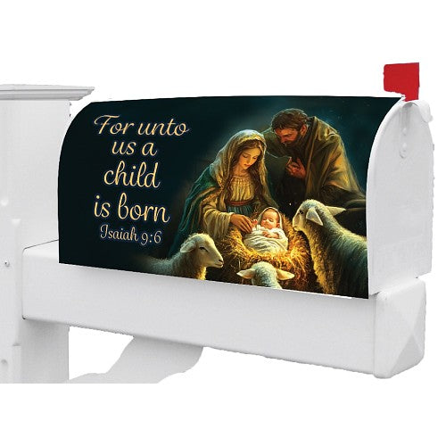 Mailbox cover with nativity scene and text 'For unto us a child is born' on a white background