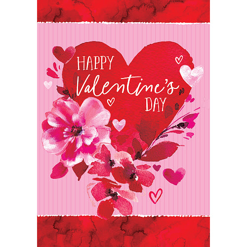 Valentine's Day card with a heart, flowers, and 'Happy Valentine's Day' text on a red and pink background.