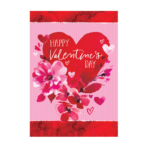 Valentine's Day card with a heart and flowers on a pink background