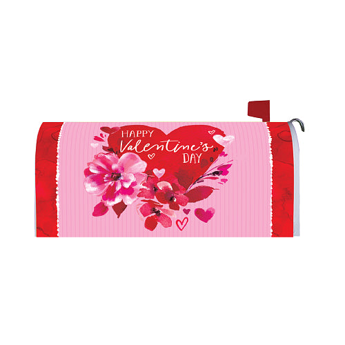 Valentine's Day mailbox cover with hearts and flowers on a pink background
