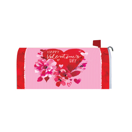 Happy Valentine's Day mailbox cover with pink floral design and red heart