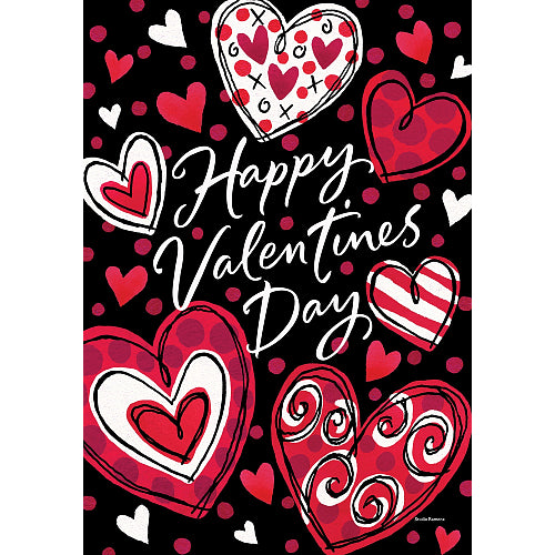 Valentine's Day card with colorful hearts and 'Happy Valentine's Day' text on a black background.