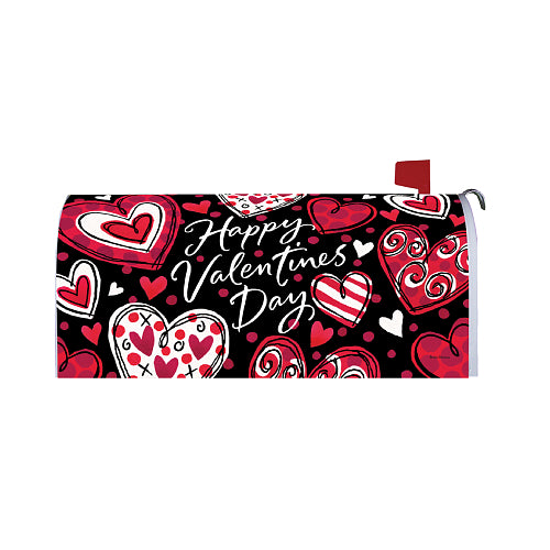 Valentine's Day mailbox cover with hearts and 'Happy Valentine's Day' text on a black background.