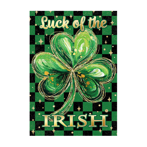 Decorative flag with a green shamrock and 'Luck of the Irish' text on a checkered background