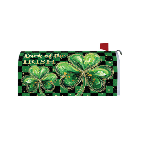 Mailbox cover with green shamrocks and 'Luck of the Irish' text on a black checkered background
