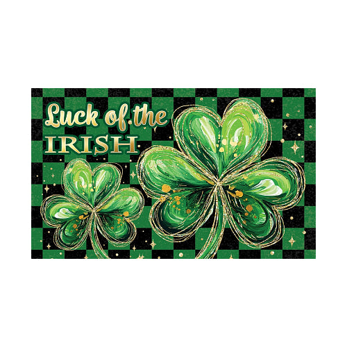 Decorative mat with shamrocks and 'Luck of the Irish' text on a green and black checkered background.