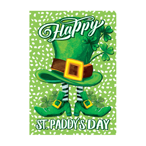 St. Patrick's Day flag with leprechaun hat, shoes, and shamrocks on a green background.