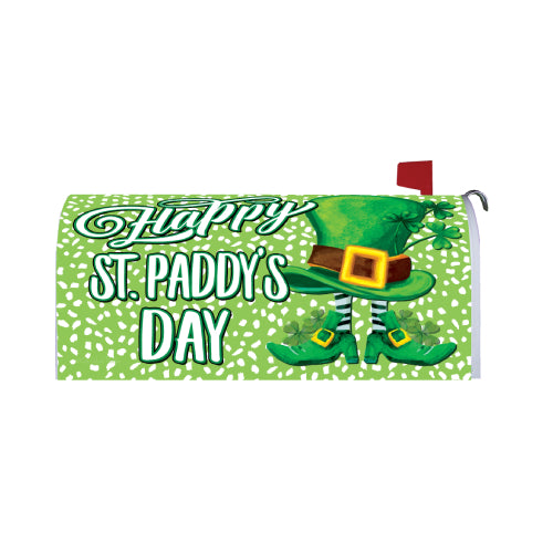 St. Patrick's Day mailbox cover with leprechaun hat and shamrock pattern and Happy St. Paddy's Day message on a green and white background