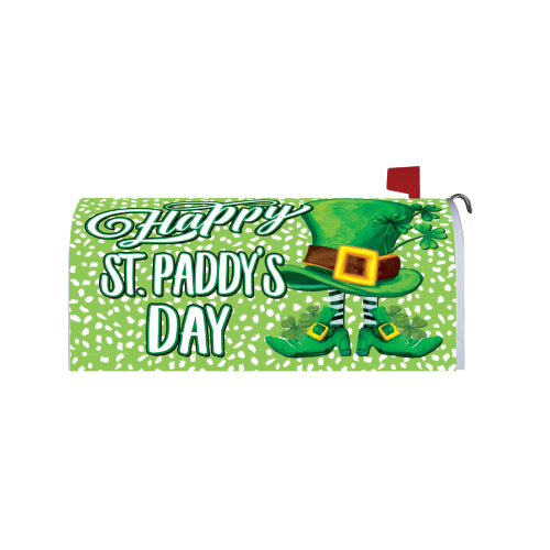 St. Patrick's Day mailbox cover with leprechaun design and text on a green and white spotted background