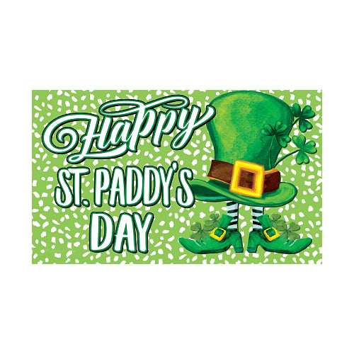 St. Patrick's Day floor mat with a green hat, shoes, and shamrocks and a Happy St. Paddy's Day message on a green and white spotted background.