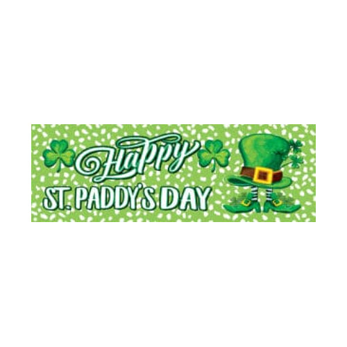 St. Patrick's Day yard sign with leprechaun hat and shamrocks and a Happy St. Paddy's Day message on a green polka dot background