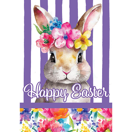 Easter bunny with floral crown on a striped background with 'Happy Easter' text