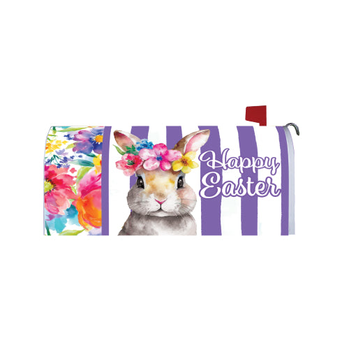 Easter-themed mailbox cover with a rabbit wearing a floral crown and 'Happy Easter' text.