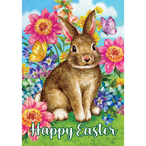 Easter bunny surrounded by colorful flowers and butterflies with 'Happy Easter' text.