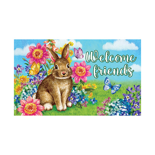 Decorative mat with a rabbit, flowers, and butterflies on a blue background with 'Welcome friends' text.