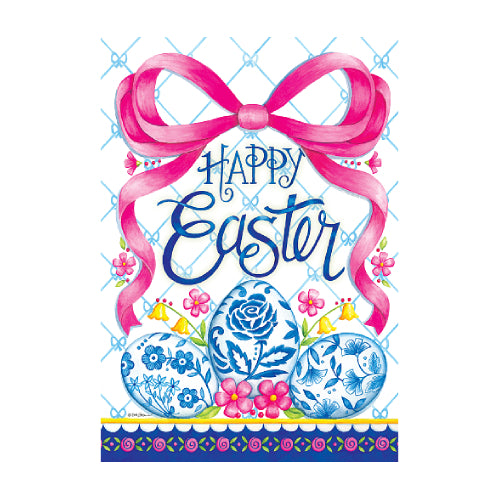 Happy Easter design with blue eggs, pink flowers, and a pink bow on a white background.