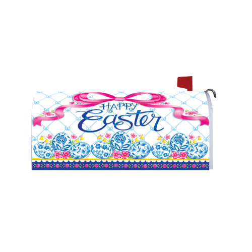 Easter-themed mailbox cover with 'Happy Easter' text and floral designs and a pink ribbon on a white background.