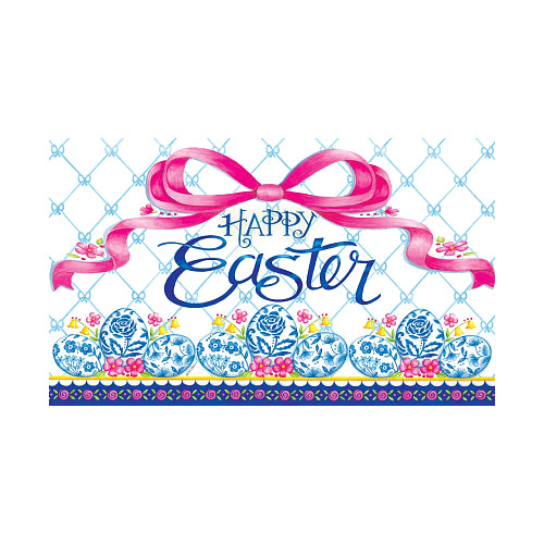 Decorative Easter floor mat with 'Happy Easter' text, pink bow, and blue eggs on a white background.
