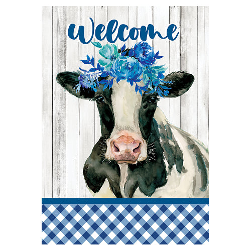 Custom Decor Cow With Flowers standard size decorative outdoor flag featuring a whimsical cow with a head dress of blue flowers, farmhouse-style curb appeal.