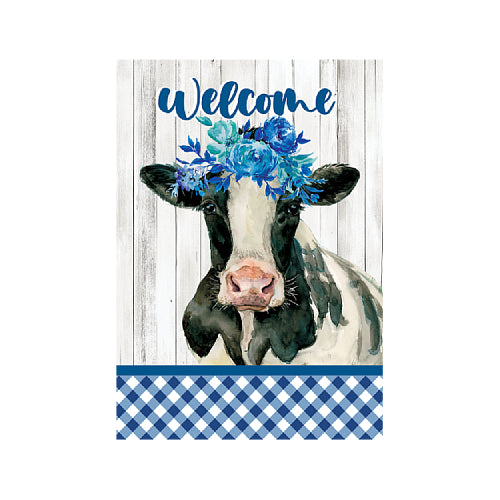 Decorative flag with a cow wearing a blue flower crown and 'Welcome' text on a barn wood background.