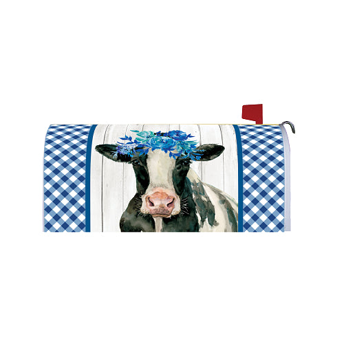 Mailbox cover with a cow wearing a flower crown against a barn wood background and blue checkered pattern