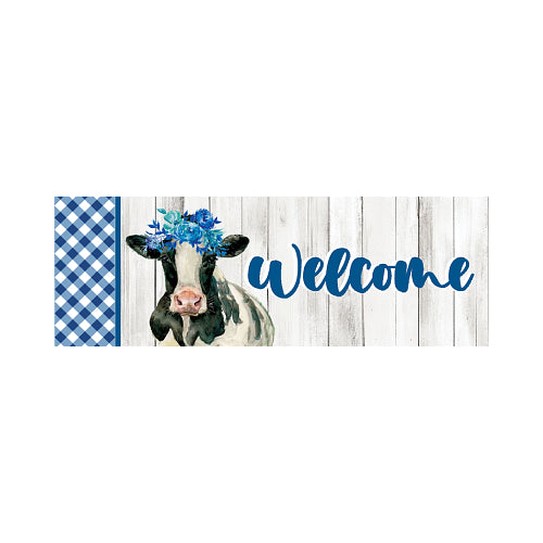 Custom Decor Cow With Flowers Signature Sign yard sign featuring a whimsical cow with a head dress of colorful blue flowers, and Welcome written across the barn wood nackground