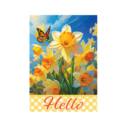 Decorative flag with yellow daffodils and a butterfly on a blue sky background, featuring the word 'Hello' on yellow lattice at the bottom.