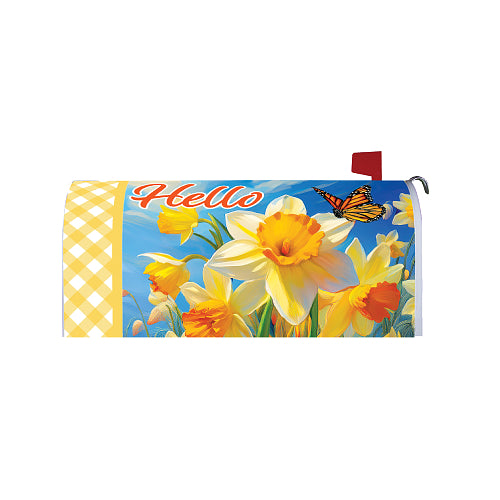 Mailbox cover with yellow flowers and butterfly design on a blue sky background