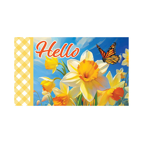 Beautiful daffodil and butterfly design featuring the word 'Hello' on a blue sky background.