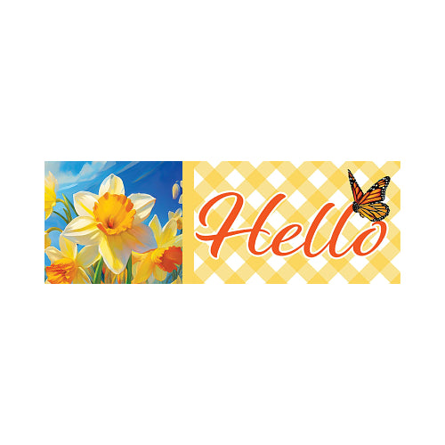 Yard sign with daffodils, butterfly, and 'Hello' text on a yellow lattice background