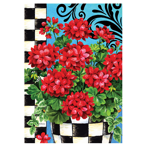 Decorative flag with red flowers and black and white checkered pattern