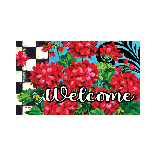 Decorative mat with red flowers and 'Welcome' text on a blue background with a black and white checkered pattern along the left side.
