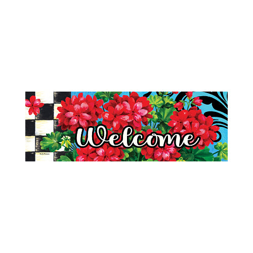 Decorative welcome yard sign with red flowers and black and white checkered pattern on a blue background
